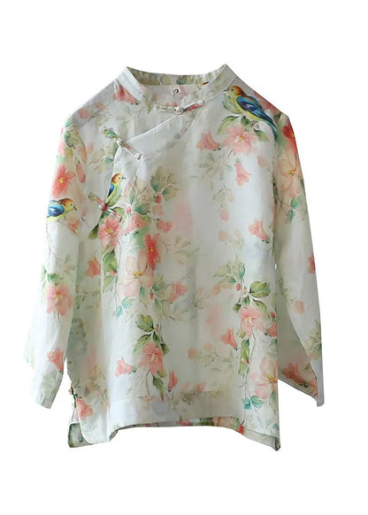 Beige Linen Shirt Top Stand Collar Low High Design Three Quarter Sleeve