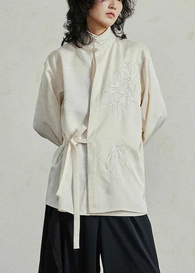 Chinese Style Beige Stand Collar Button Shirt Fall