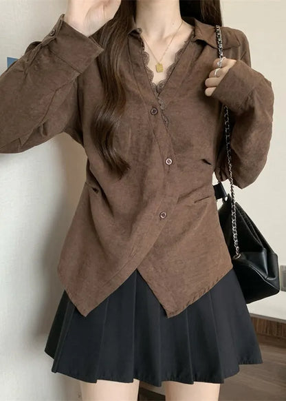 Brown Patchwork Silk Top Asymmetrical Design Fall