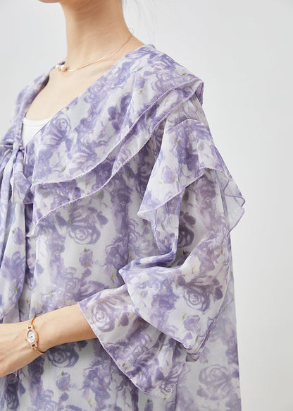 Unique Purple Rose Ruffles Chiffon Shirt Top Spring