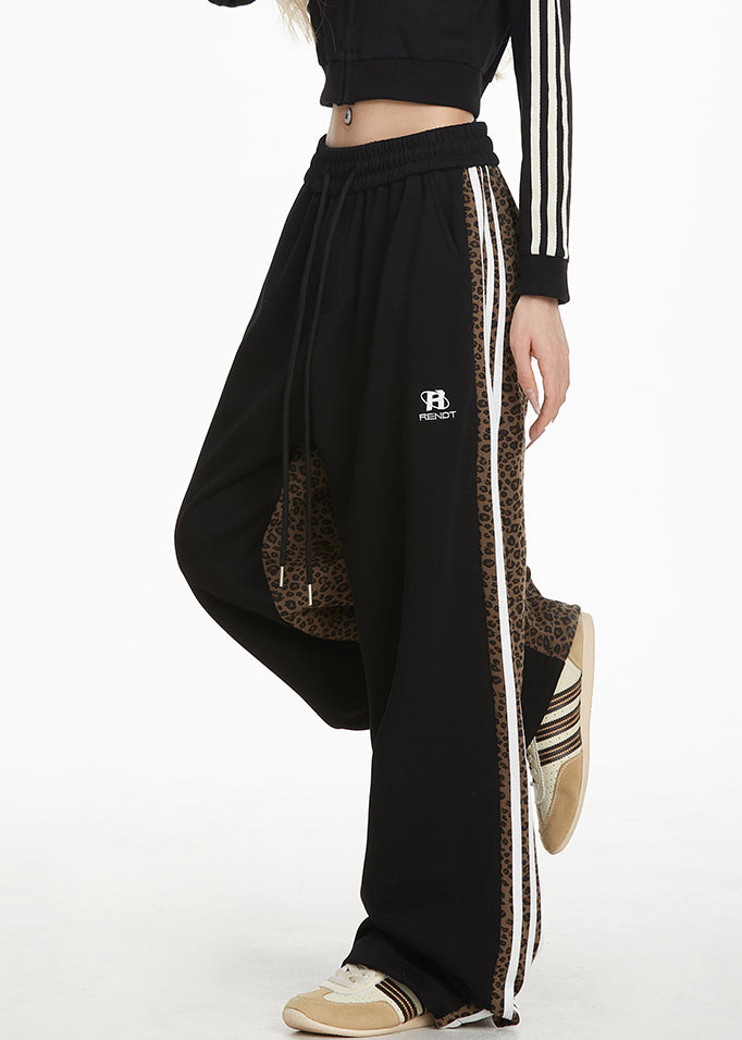 Grey Pockets Leopard Patchwork Wide Leg Pants Spring
