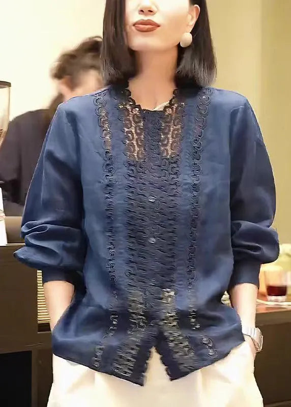 Handmade Navy Hollow Out Patchwork Cotton Top Fall