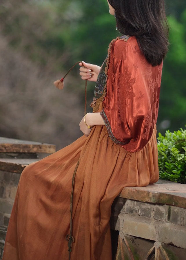 Orange Tasseled Embroideried Patchwork Silk Long Dresses Summer