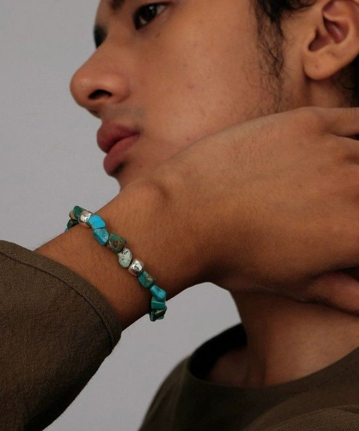 Blue Stergild Silver Turquoise Beads Chain Bracelet