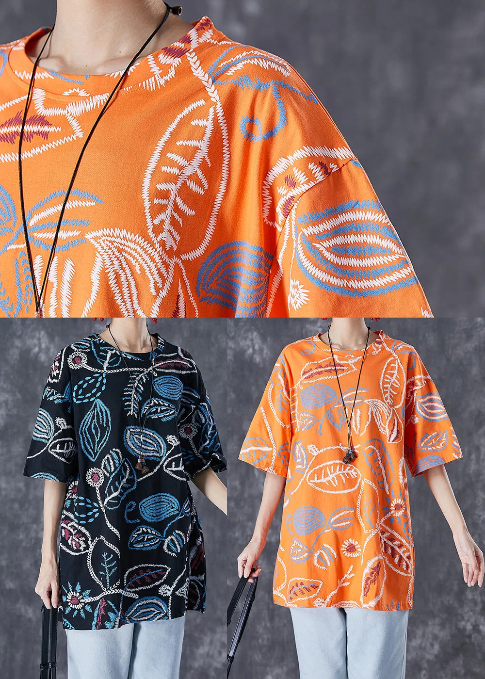 Orange Print Cotton Tank Oversized O-neck Summer