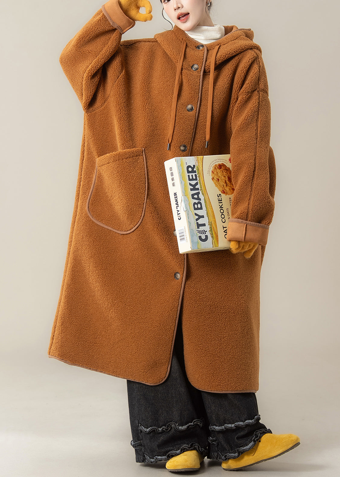 Orange Hooded Button Pockets Teddy Faux Fur Coats Winter