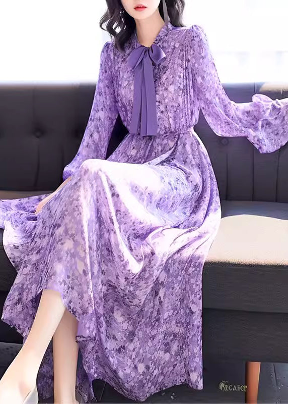 Blue Bow Print High Waist Chiffon Long Dress Fall