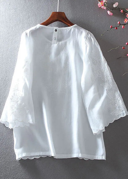 White Embroidered Chiffon Shirt Tops Summer