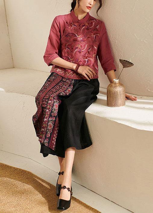 Italian Black Embroideried Wide Leg Summer Pants Linen