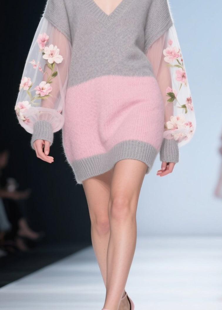 Colorblock Tulle Patchwork Knit Sweater Dress Fall