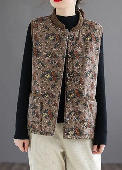 Brown Stand Collar Print Fine Cotton Filled Vest Sleeveless