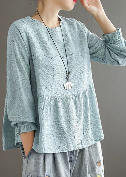 Handmade Pink O-neck Patchwork Jacquard Fall Top Long Sleeve