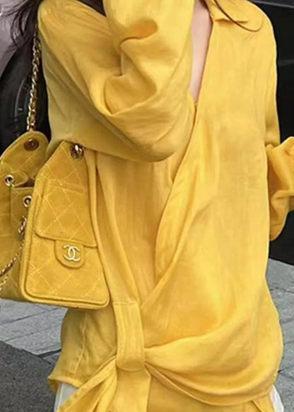 Yellow Peter Pan Collar Asymmetrical Cotton Shirts Fall