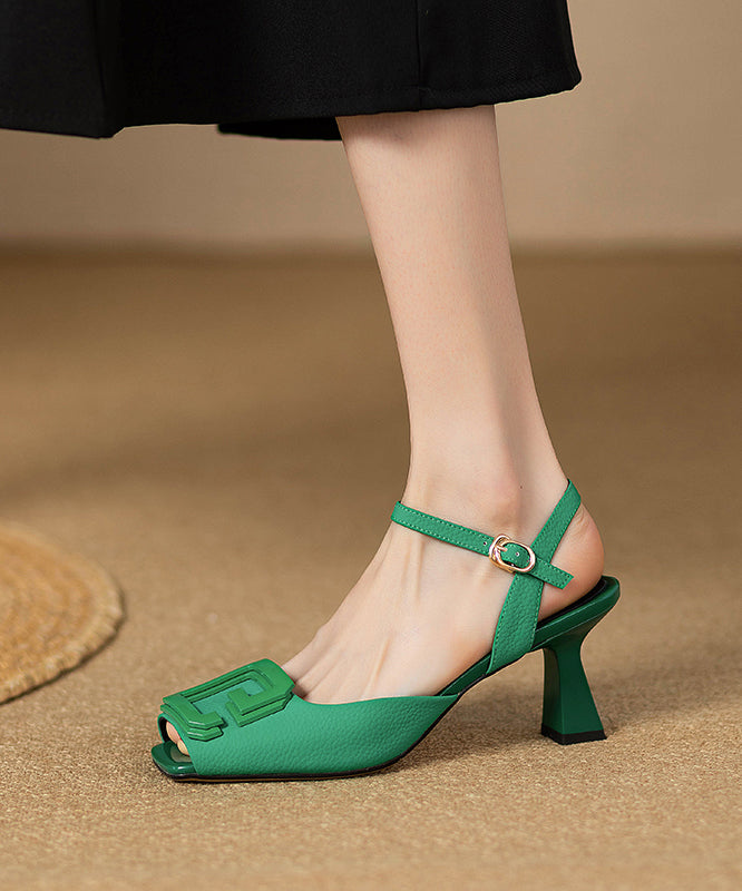 French Green Faux Leather High Heels Square Toe Sandals