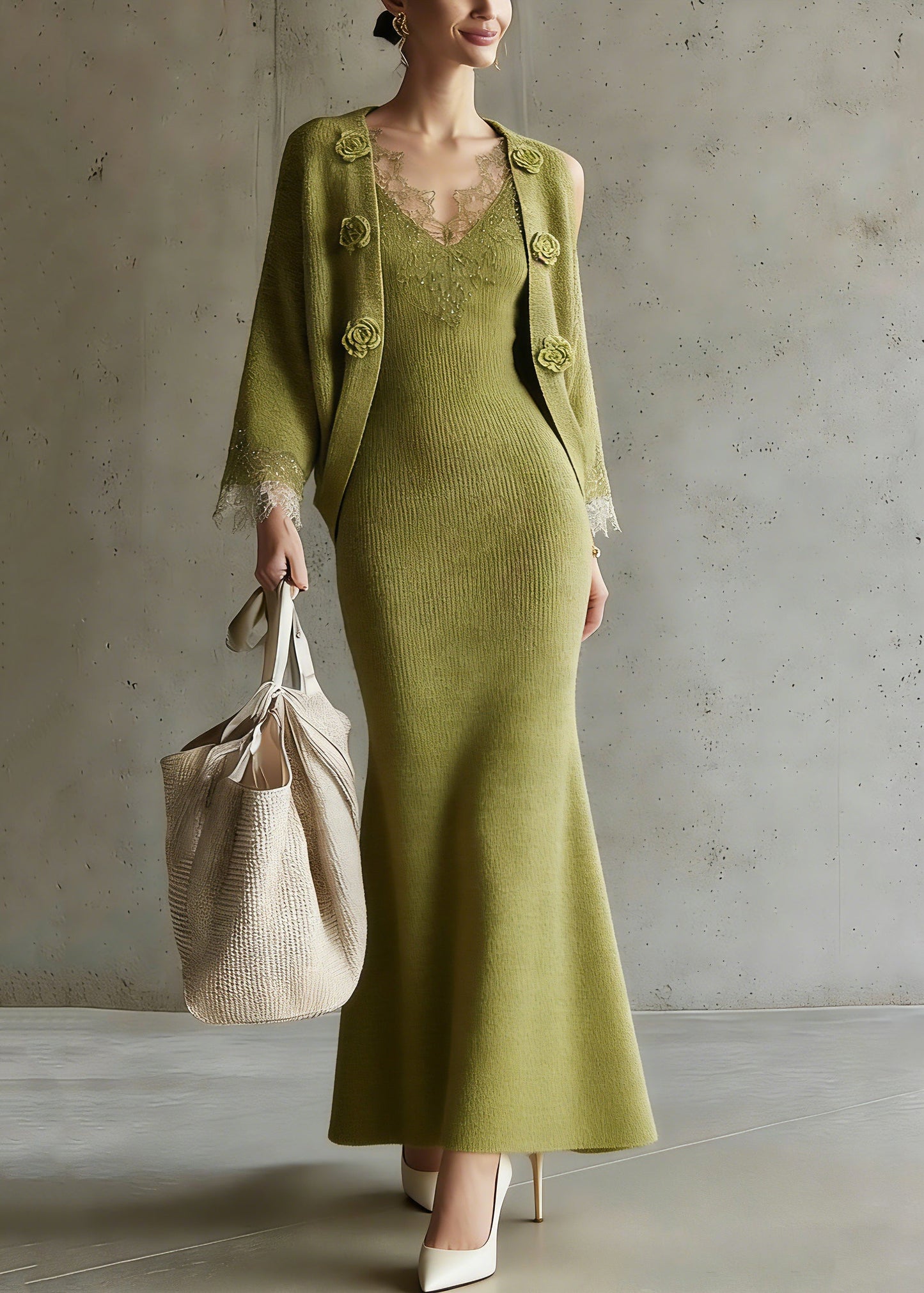 Fitted Green V Neck Sequins Cotton Knit Cardigans and Maxi Skirts Two Pieces Set Three Quarter Sleeve