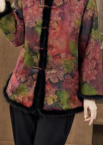 Red Print Pockets Mink Hair Patchwork Fine Cotton Filled Coats Winter
