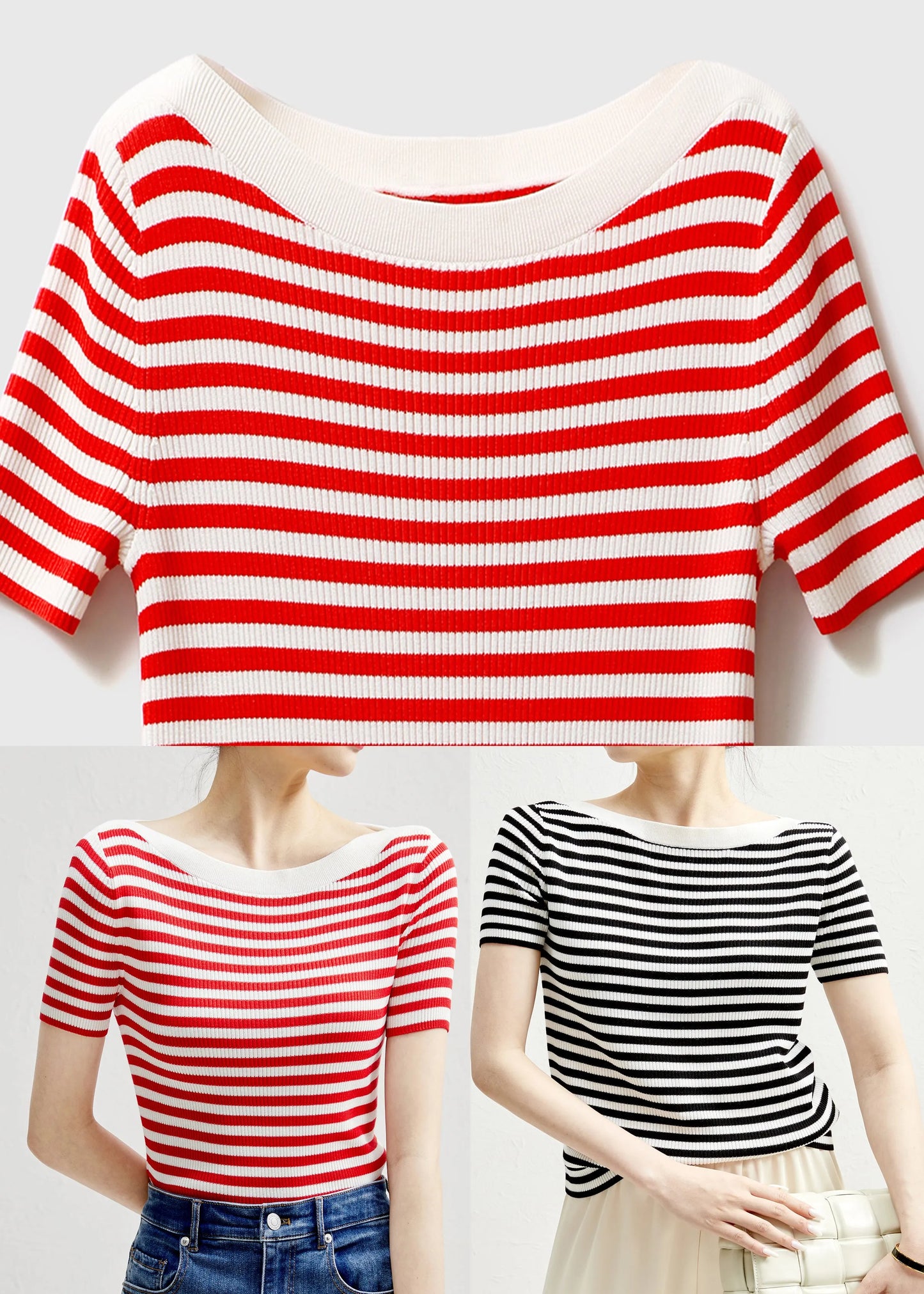 Black Striped O-neck Silk Knit T Shirts Sleeve