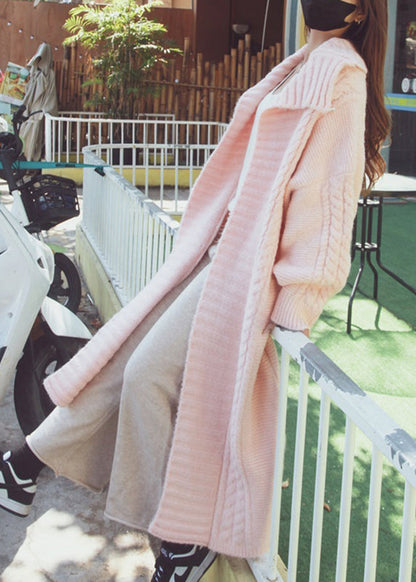 Pink Peter Pan Collar Long Wool Knit Cardigan Winter
