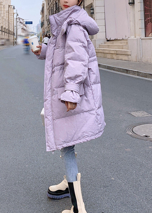 Red Pockets Hooded Drawstring Duck Down Coat Winter