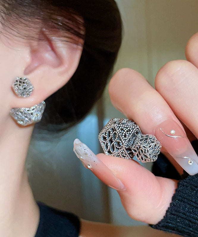 Retro Black Copper Hollow Out Geometry Stud Earrings