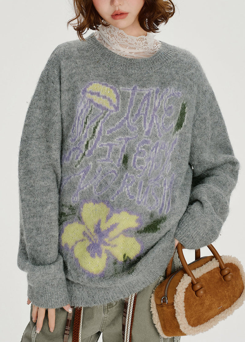 Loose Grey O Neck Thick Jacquard Knit Sweater Tops Spring
