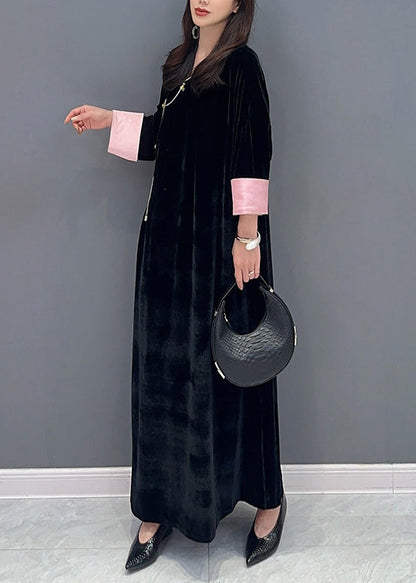Black Lace Up Side Open Patchwork Velour Long Dress Fall
