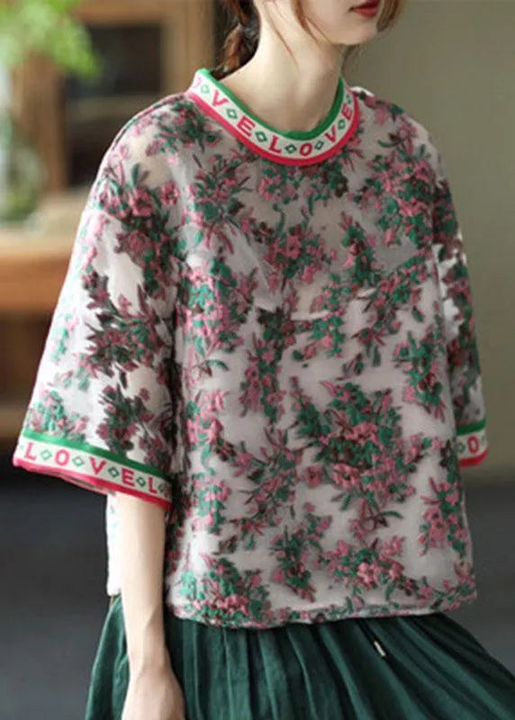 Embroideried Retro O-neck Summer Blouses Half Sleeve