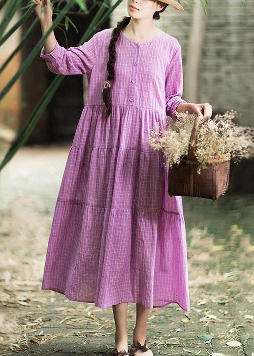 French Purple Plaid Clothes O Neck Patchwork Maxi Spring Dresses