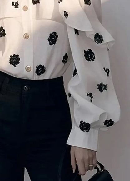 White Cold Shoulder Print Chiffon Shirt Fall