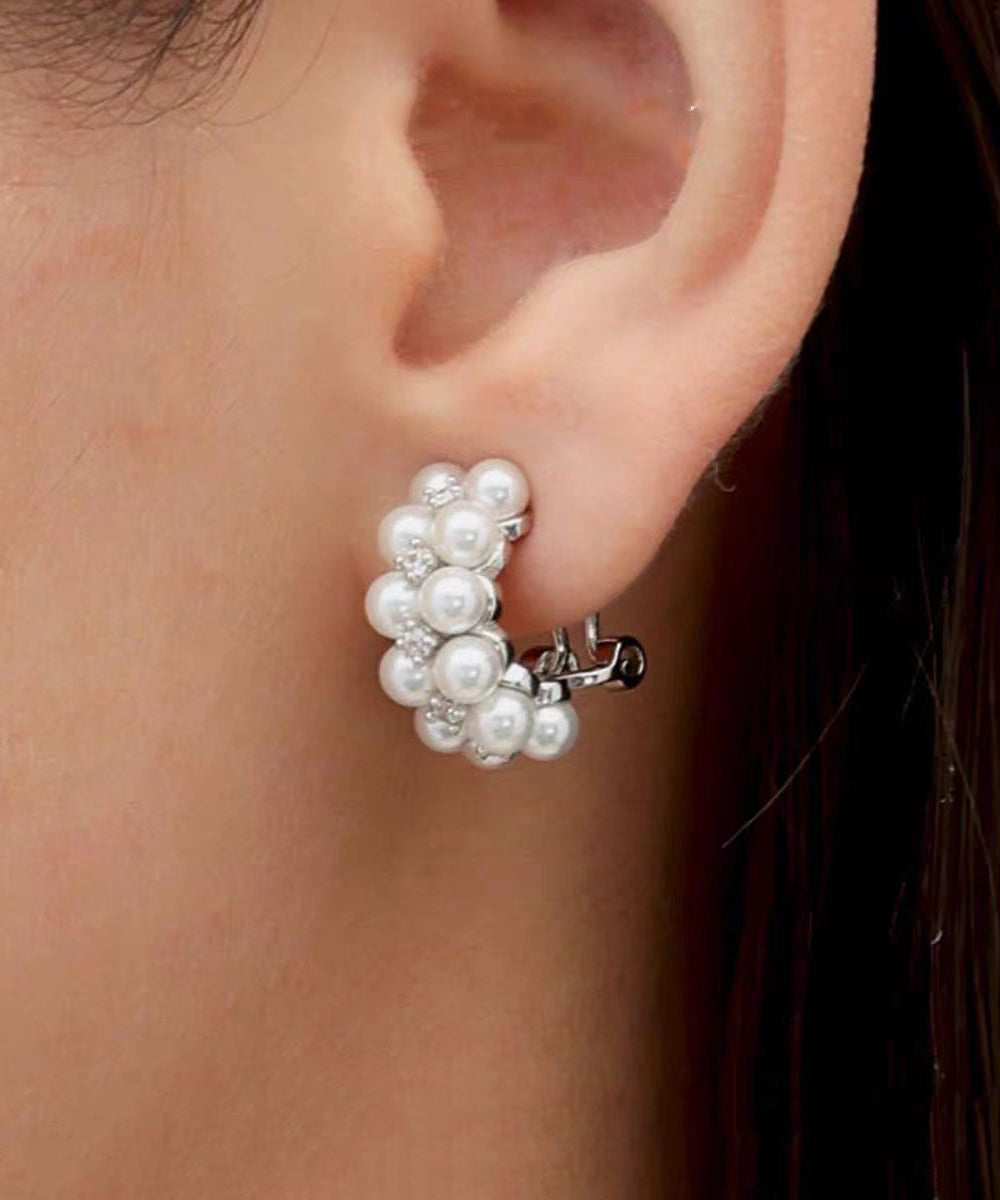 White Sterling Silver Zircon Double-layer Pearl Hoop Earrings