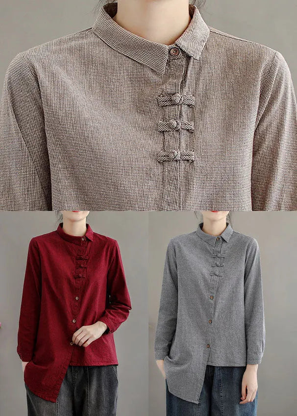 Khaki Plaid Cotton Blouse Tops Asymmetrical Button Long Sleeve