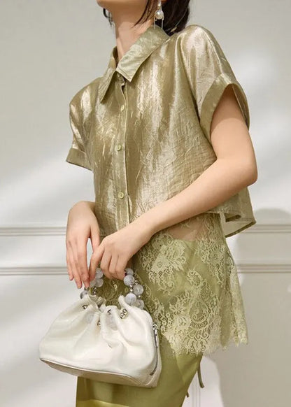 Original Design Green Peter Pan Collar Lace Patchwork Fake Two-piece Shirts Summer