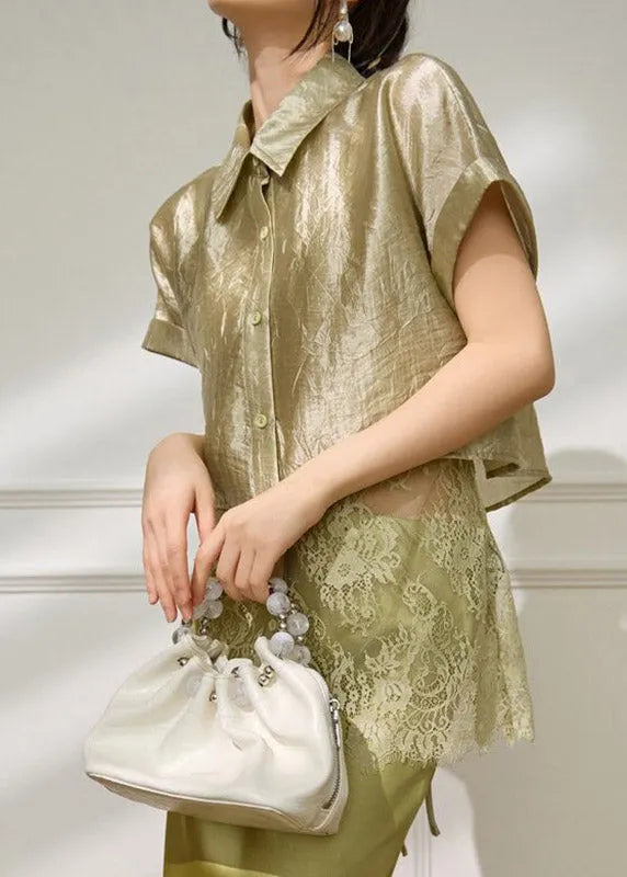 Original Design Green Peter Pan Collar Lace Patchwork Fake Two-piece Shirts Summer