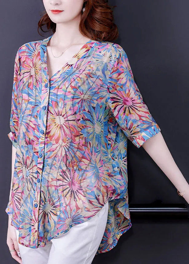 Blue V Neck Button Print Chiffon Shirt Top Half Sleeve