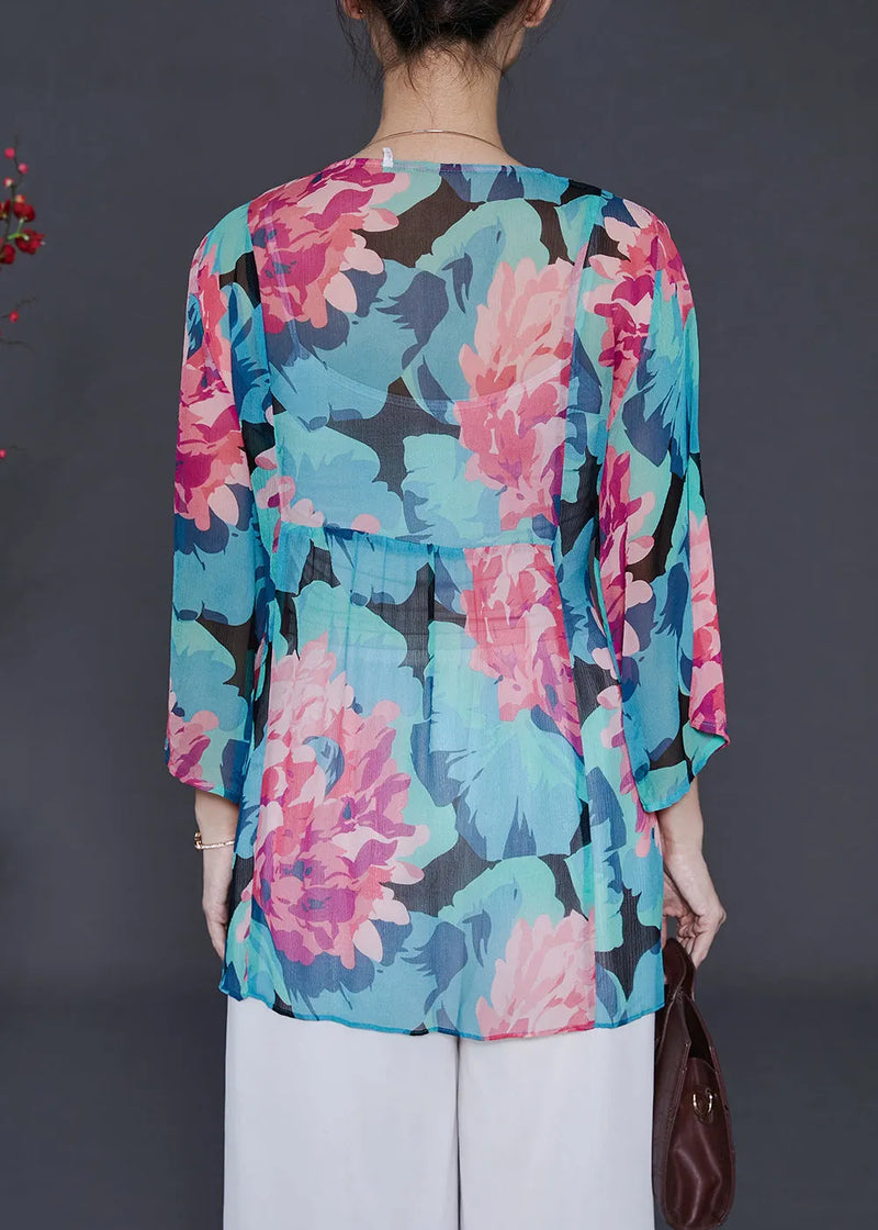 Blue Sequins Print Chiffon Shirt Top Summer