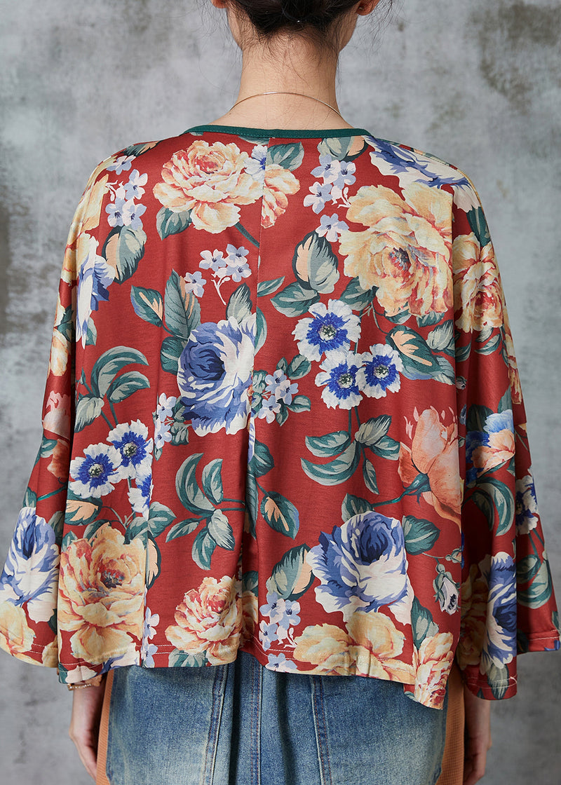 Red Oversized Print Linen Blouses Spring