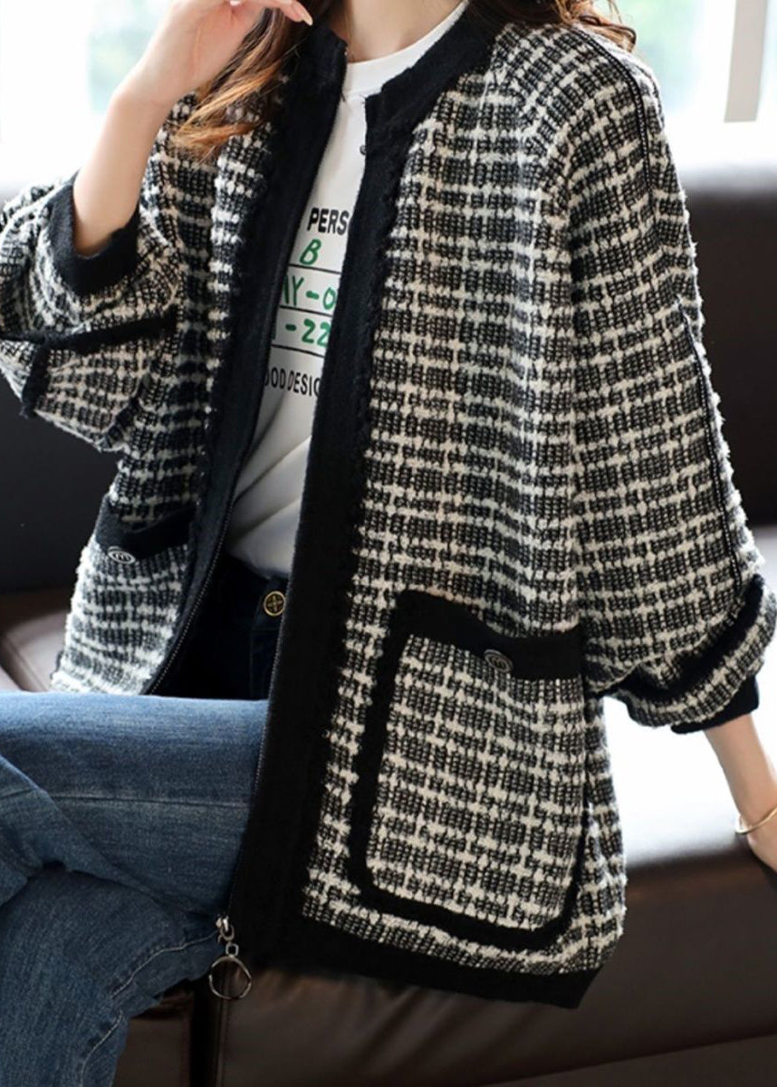 Handmade Blue O-neck Zippered Striped Patchwork Pockets Coats Long Sleeve