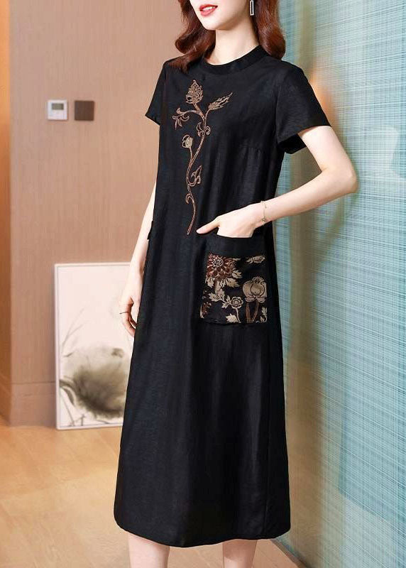 Black Stand Collar Embroideried Pockets Silk Dresses Summer