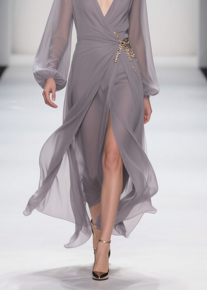 Grey Lace Up Front Open Chiffon Long Dress Spring