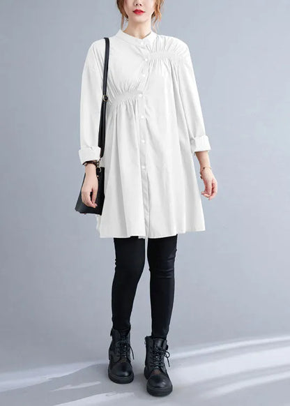 White Stand Collar Button Wrinkled Fall Shirt Top Long Sleeve