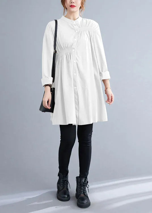 White Stand Collar Button Wrinkled Fall Shirt Top Long Sleeve