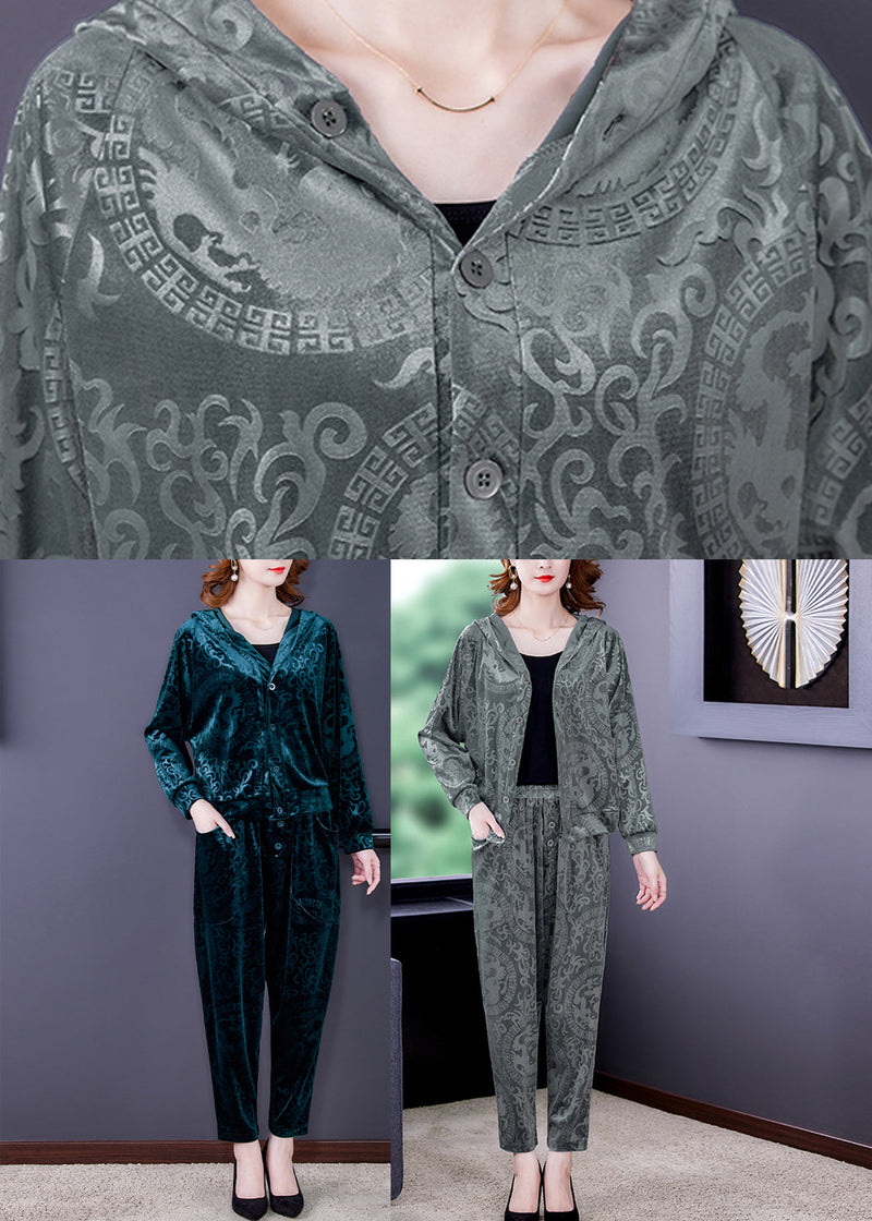 Loose Grey Print Silk Velour Coats and Harem Pants Two Pieces Set Fall