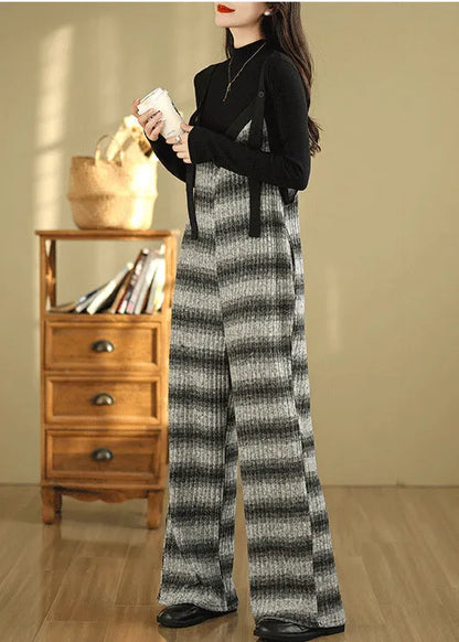Grey Oversized Striped Cotton Overalls Jumpsuit Summer