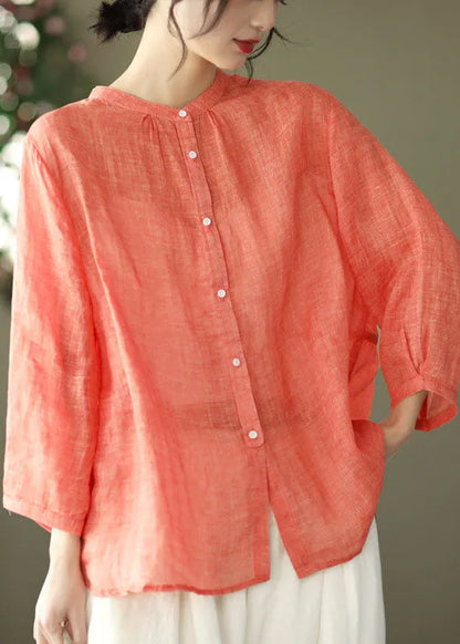 Orange Stand Collar Linen Blouse Top Bracelet Sleeve