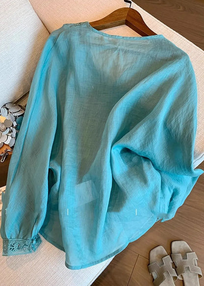 Natural Blue Ruffled Tie Lace Shirts Lantern Sleeve