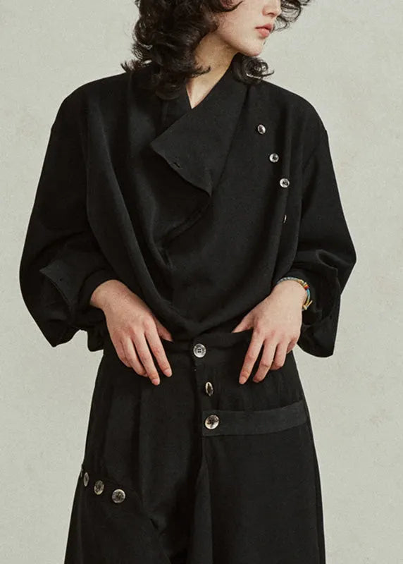 Black Stand Collar Patchwork Tops Fall