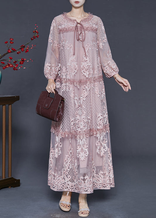Pink Embroidered Patchwork Tulle Long Dresses Spring