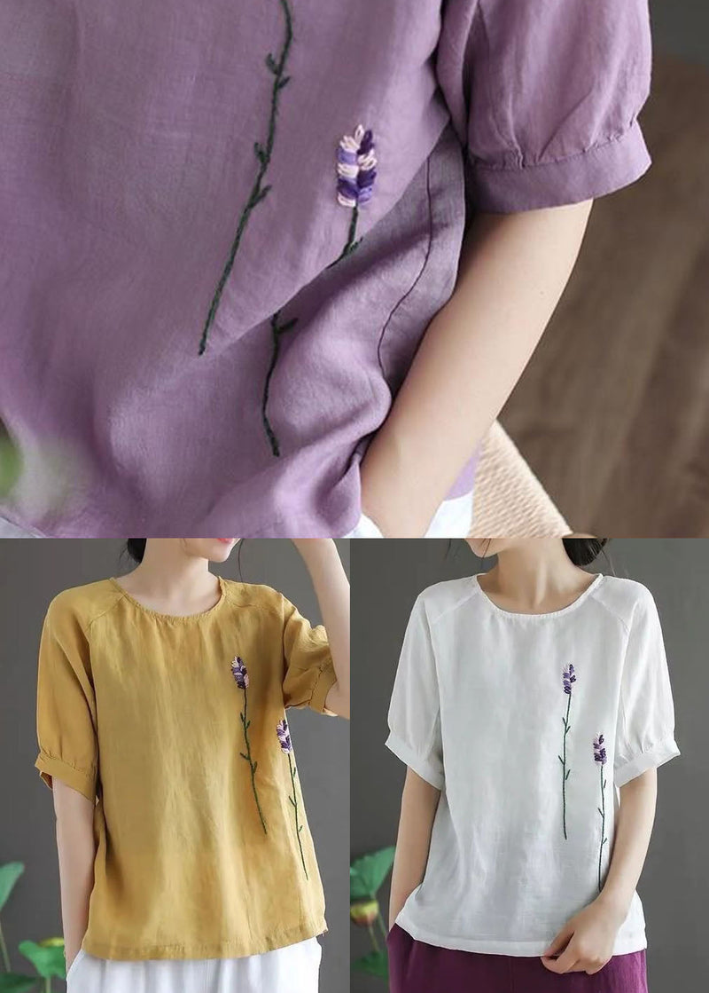 Organic White O-neck Embroideried Linen Tank Tops Short Sleeve