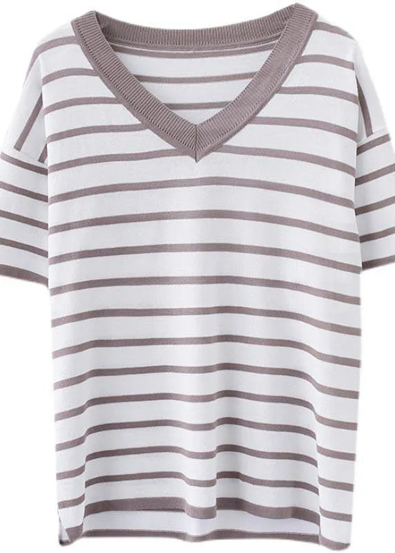 Khaki Striped Side Open Cotton Linen Summer Tops