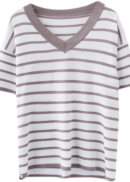 Khaki Striped Side Open Cotton Linen Summer Tops